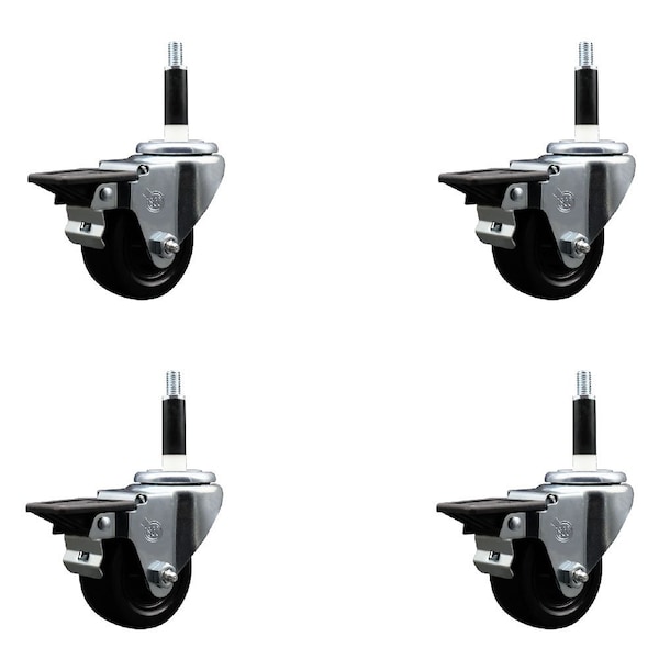 3'' Hard Rubber Swivel 7/8'' Expanding Stem Caster Set with Brake, 4PK